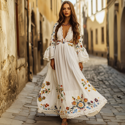 Women's Lace Splicing Neckline Outdoor Vacation Elegant Lady Bohemian Flower Embroidered V-neck Opening White Dress