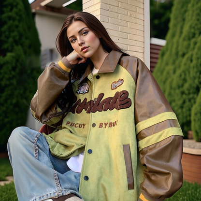 Suede And Leather Embroidery Baseball Jacket