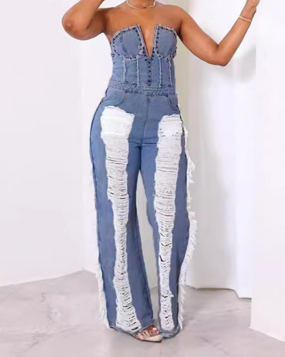 Tassel Hole Stud Denim Jumpsuit