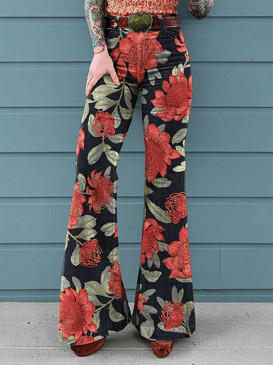 Women's Vintage Floral Print Mid-Rise Button-Hem Bootcut Pants (Without Belt)