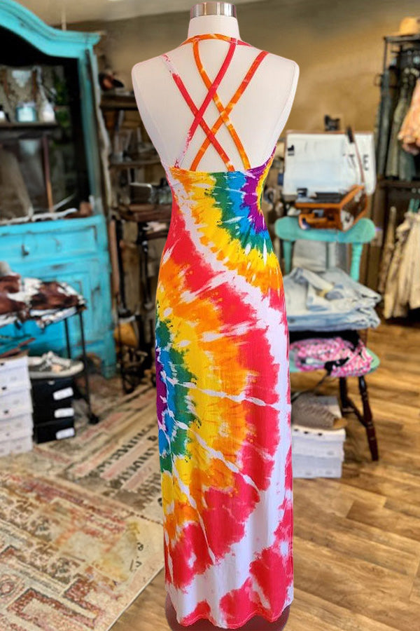 Pretty Rainbow Print Backless Dress