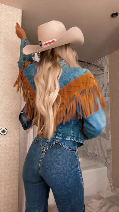 Western  lapel blazer fringed denim jacket