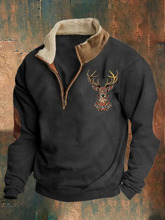 Men'S Retro Western Print Zipper Stand Collar Sweatshirt