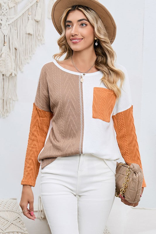 Cable knit color block round neck lightweight top