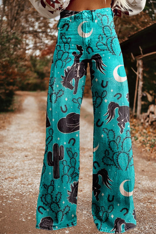 Retro Western Cowboy Print Wide Leg Pants