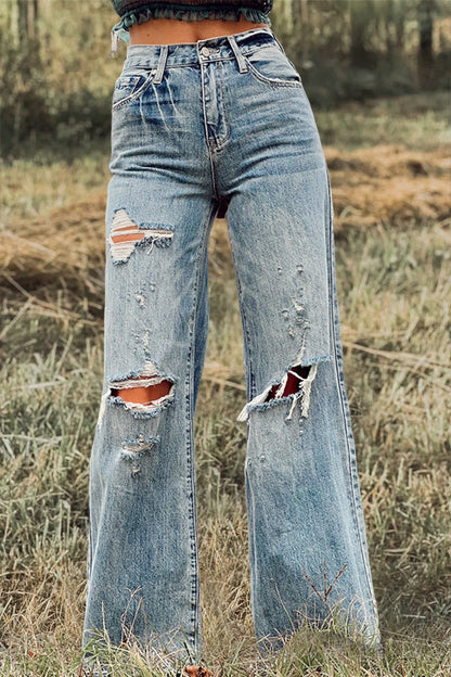 Vintage Washed Ripped Wide Leg Jeans