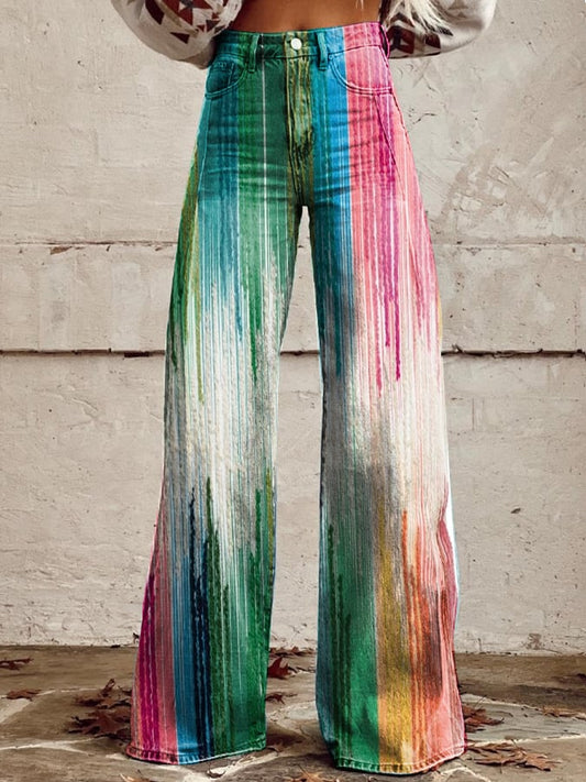 Women's Retro Gradient Color Block Wide Leg Pants