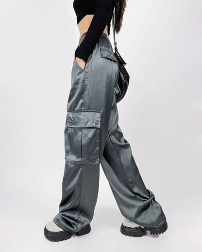 Loose Straight High-Waisted Casual Satin Overalls