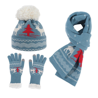 Unisex Christmas Elk Hat, Neck Scarf And Gloves Knitted Set