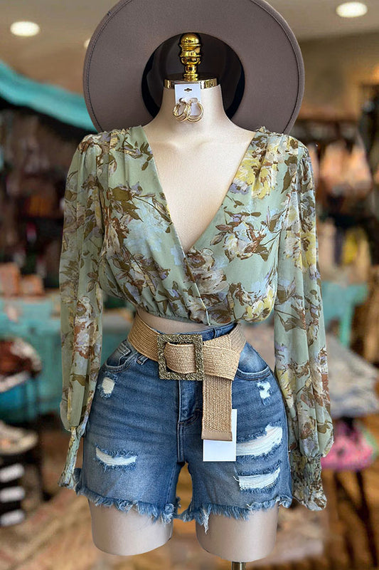 Beautiful V-neck Floral Wrapped Blouse