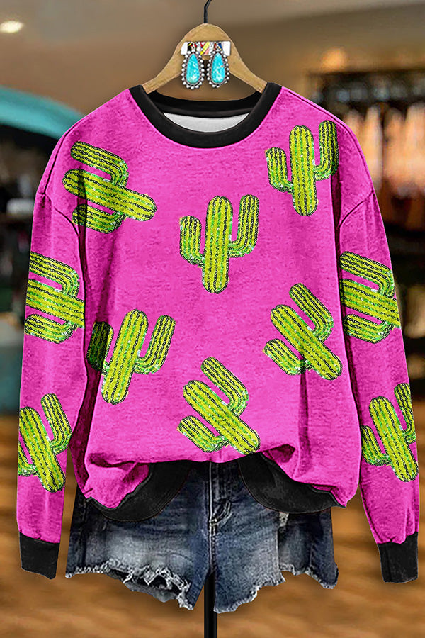 Shiny Sequined Cactus Print Sweatshirt