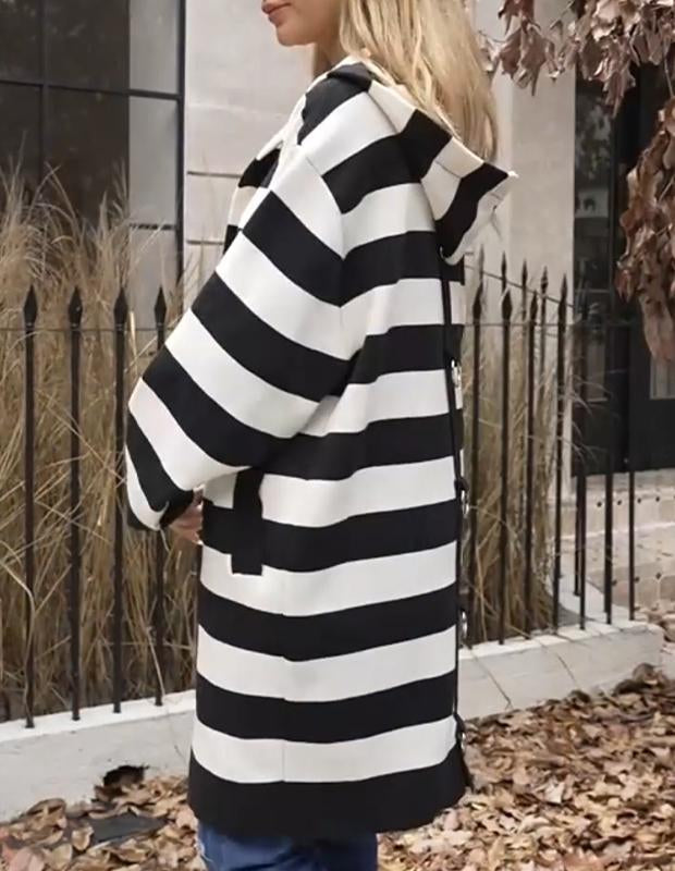 Women's Knitted Hooded Long-sleeved Striped Coat