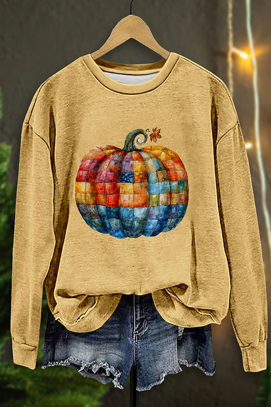 Casual Patchwork Pumpkin Print Sweatshirt