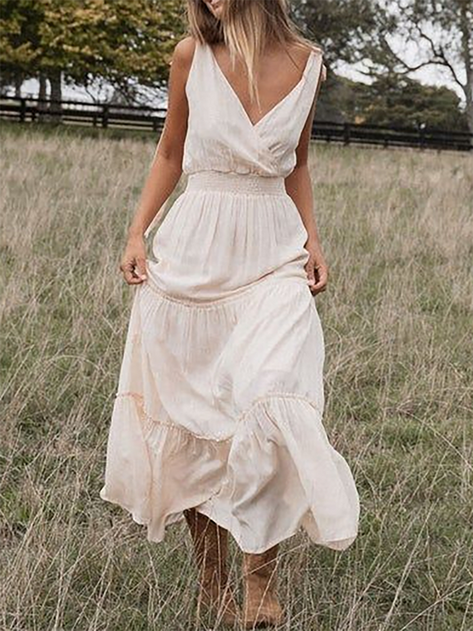 White V-neck Sleeveless Maxi Dress