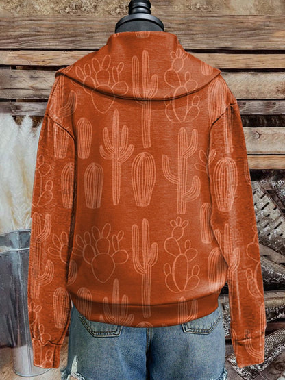 Vintage Western Cactus Print Cozy Plush Sweatshirt