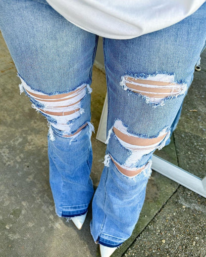 Vintage Distressed Washed Flared Jeans