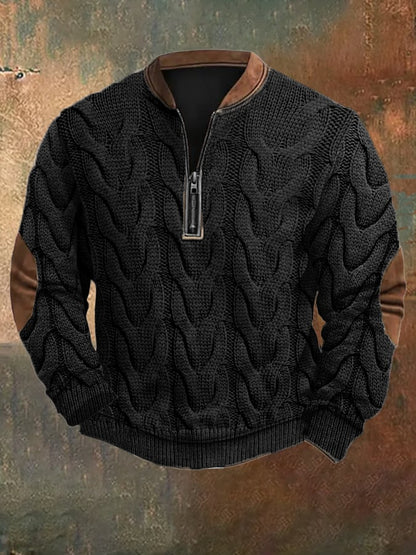 Men's Vintage Western Knit Print Zipper Stand Collar Casual Sweatshirt