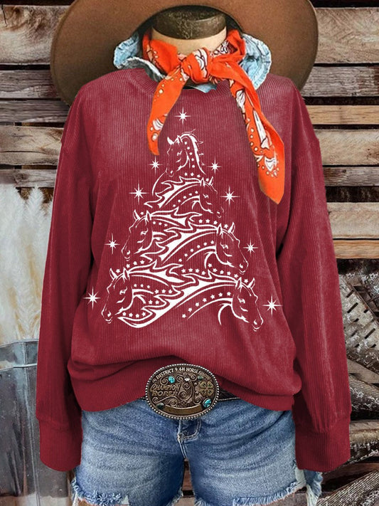 Women's Christmas Tree Horse Casual Print Corduroy Sweatshirt