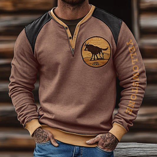 Men's Outdoor Vintage Color Blocks Yellowstone Print Casual Pullover Sweatshirt