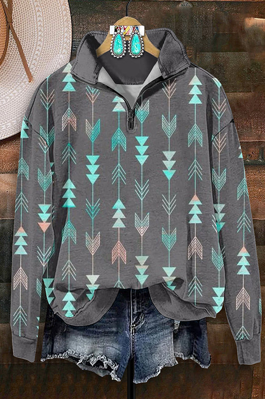 Retro Western Aztec Arrow Print Zip-Up Sweatshirt