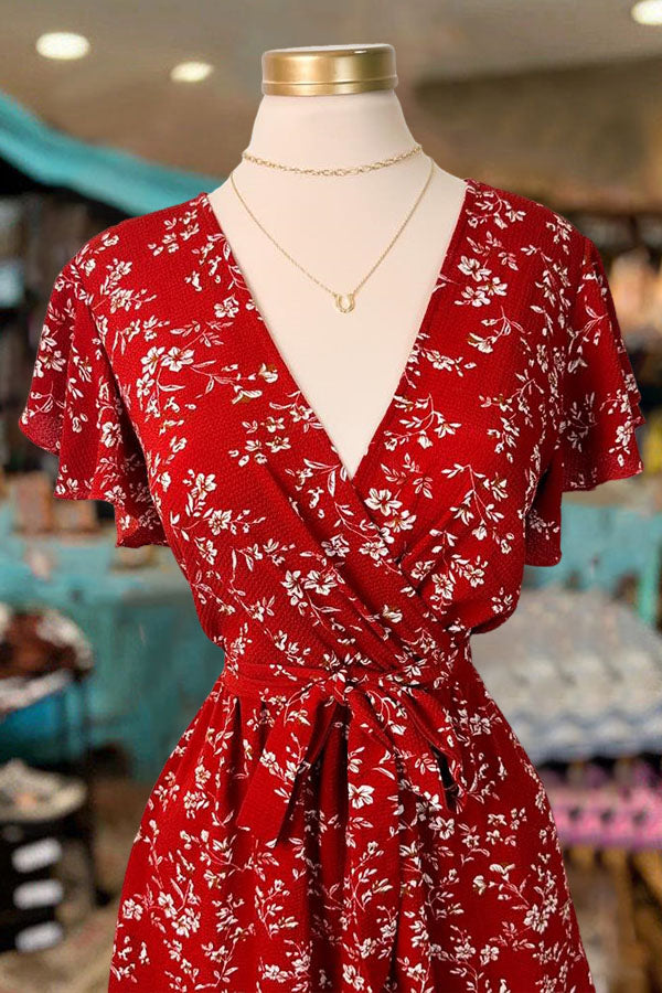 Floral Print Ruffled V-Neck Mini Dress