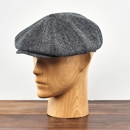 PEAKED CAPS Genuine Scottish Harris Tweed 8 Panels Man Cap GRAY-BLACK