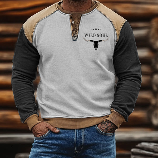 Men's Outdoor VintageWestern Bull Skull Print Casual Henley Sweatshirt