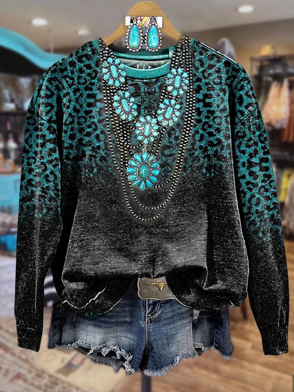 Green Glam Leopard Print Casual Sweatshirt