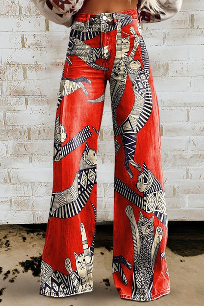 Vintage Abstract Cat Art Print Casual Wide Leg Pants