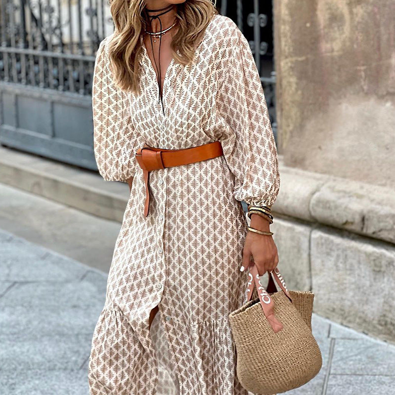 Belt Printed V-Neck Long Dress