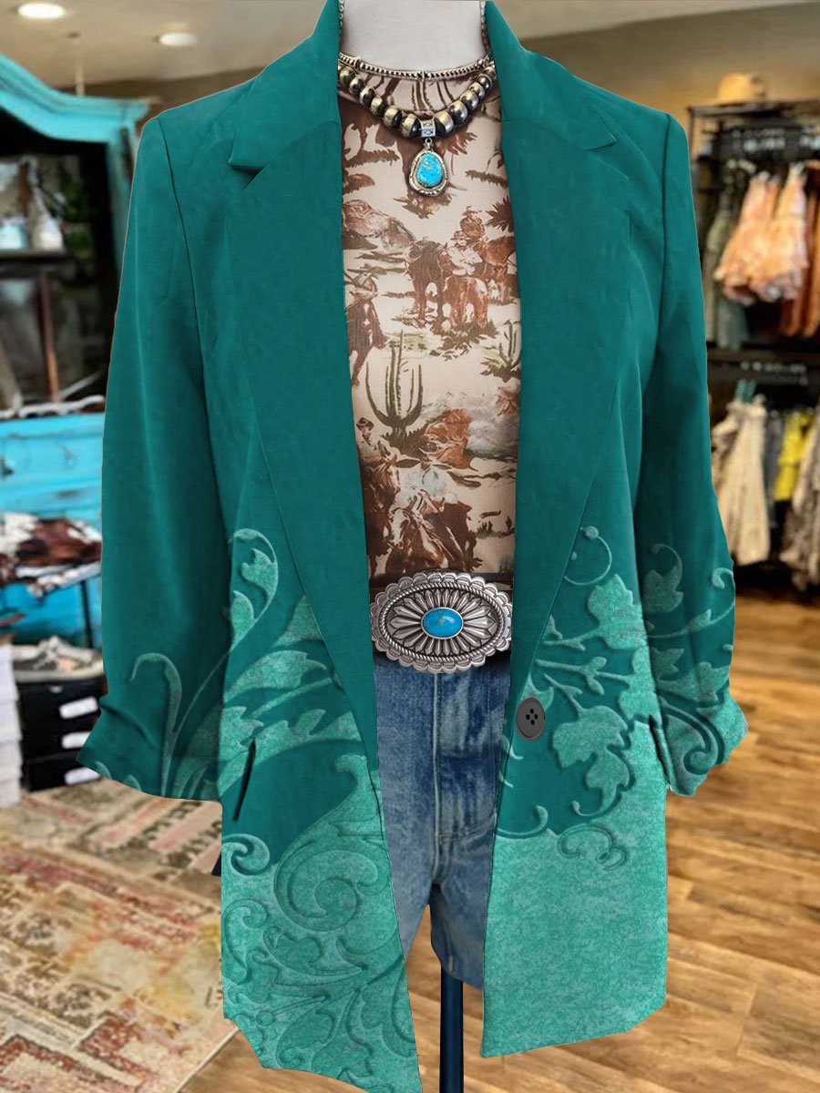 Women's Vintage Art Print 3/4 Sleeve Casual Blazer