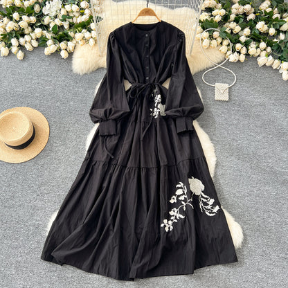 Waist-slimming Single-breasted Temperament Rose Embroidery Long Dresses