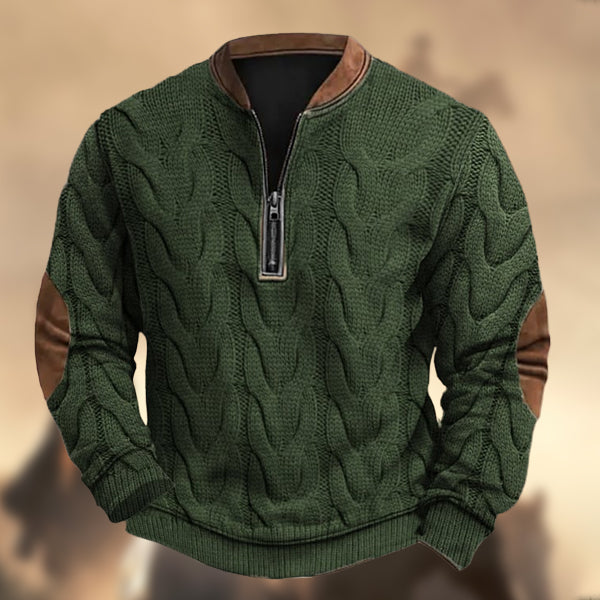 Men's Vintage Western Knit Print Zipper Stand Collar Casual Sweatshirt