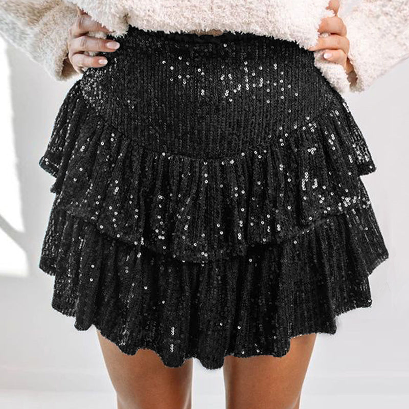 Hot Girl Sequined Skirt Female Sequined Sexy Short Skirt Solid Color Pleated Skirt