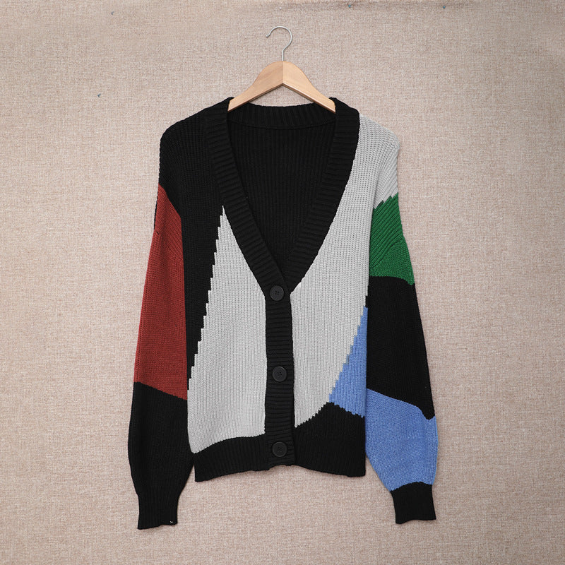 Women's V-neck Knitted Cardigan Sweater Contrast Color Jacket