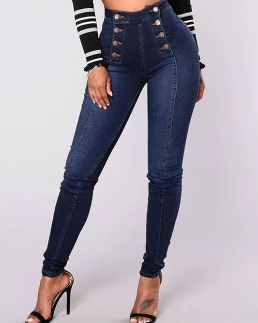 High-Waisted Casual Two-Row Stretch Jeans With Multiple Buttons