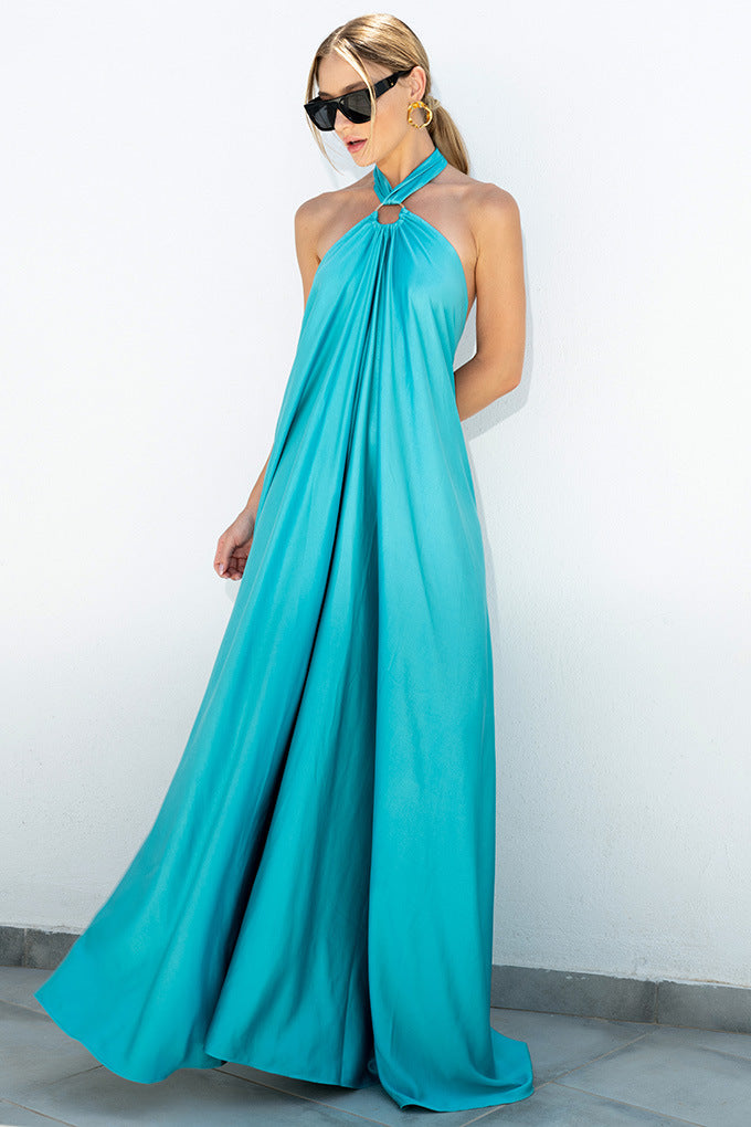 Backless Halter Neck Satin Elegant Maxi Dress