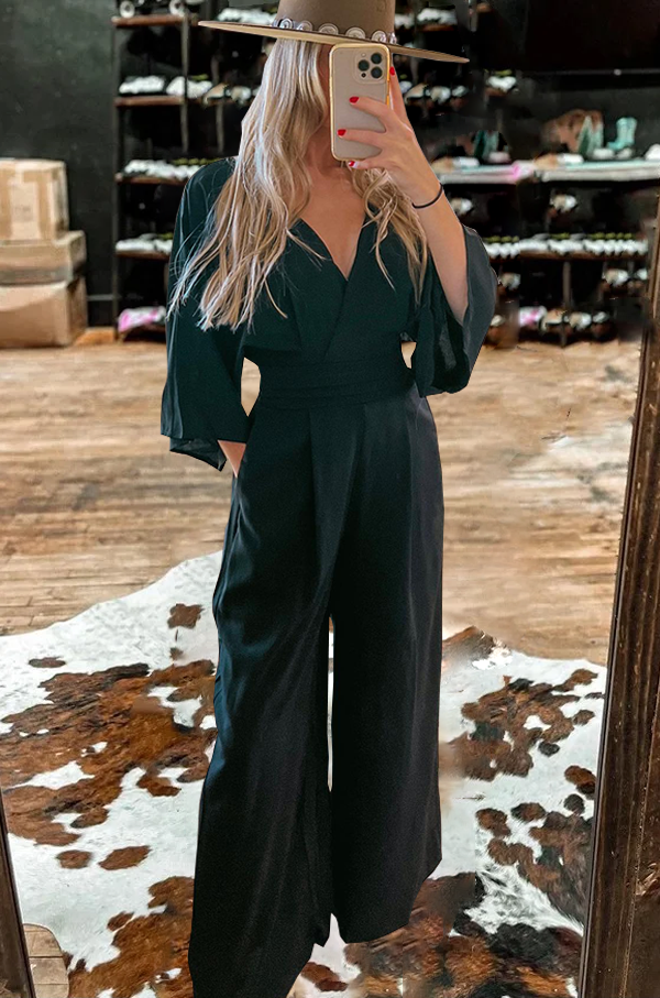 Black 3/4 Sleeve V-Neck Jumpsuit