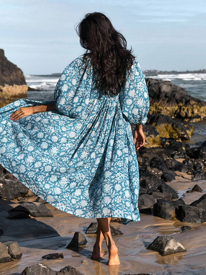 Floral Balloon Sleeve Midi Dress