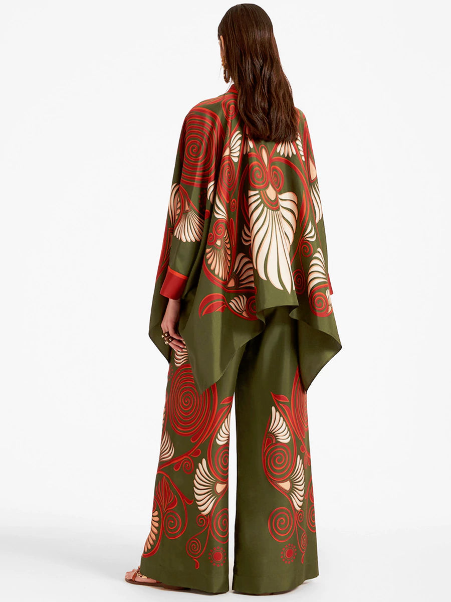 Fine Satin Floral Print Batwing Sleeve Pants Set - Dark green