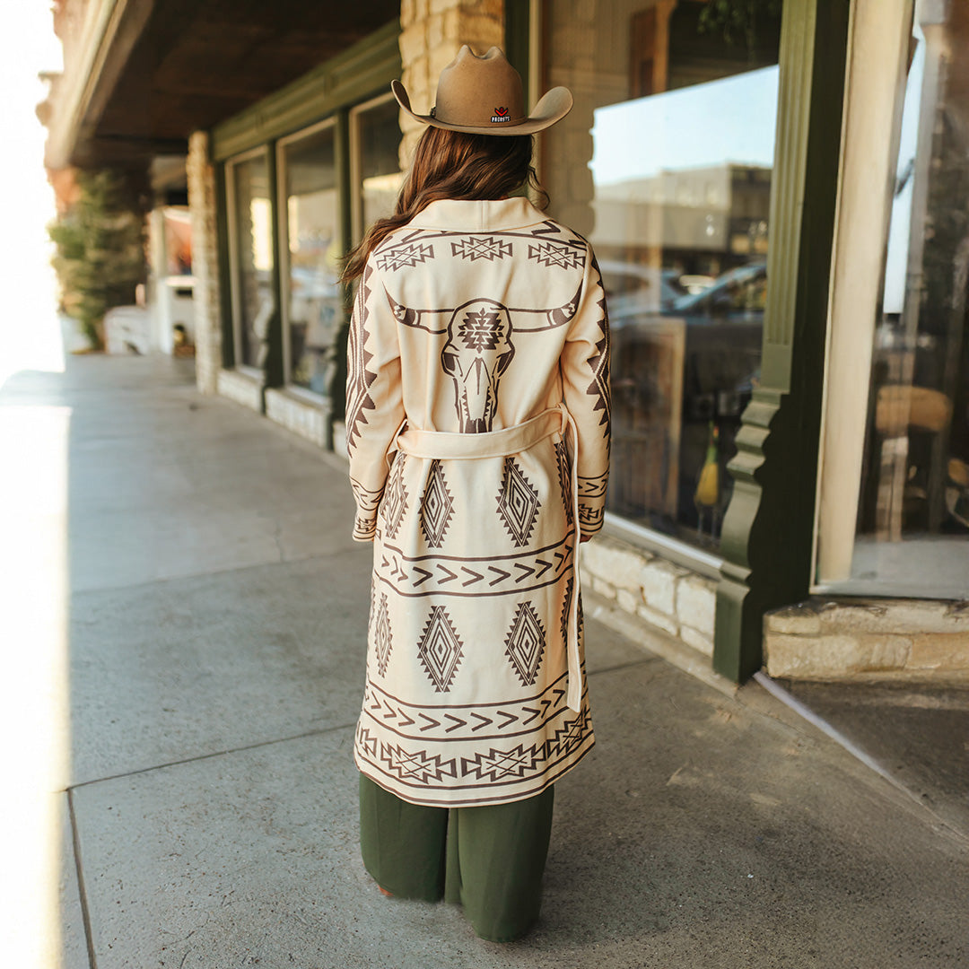 Cream Western Aztec Long Sleeve Suede Coat