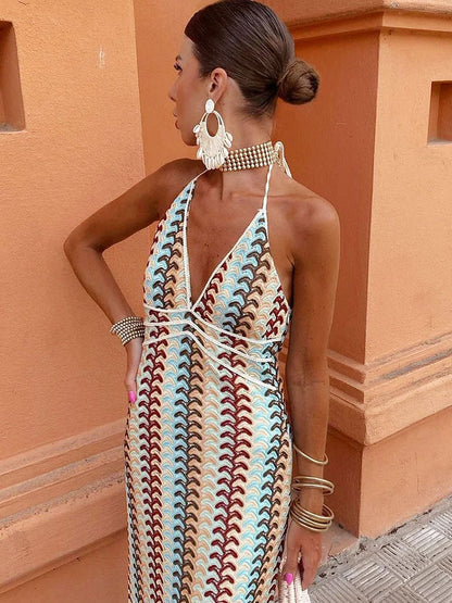 Halter V Neck Backless Boho Pattern Knit Slim-Fit Vacation Maxi Dresses