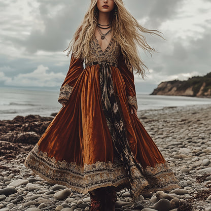 Breezy Bohemian Beach Vacation Autumn And Winter Velvet Ethnic Style Fluttering Dress