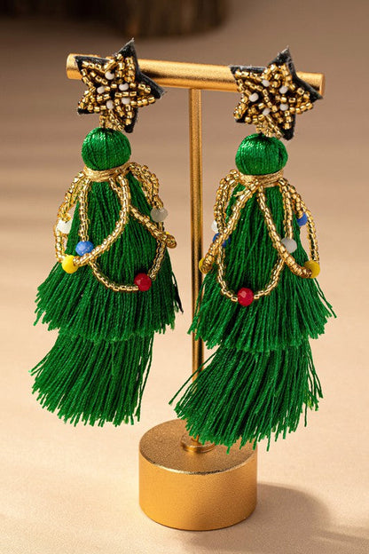 Christmas Tree Fringe Star Beaded Earrings