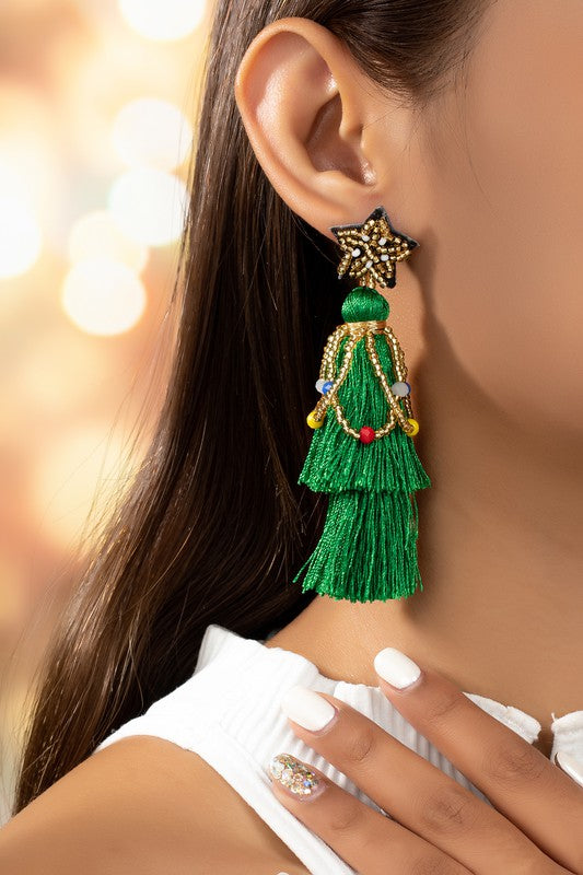 Christmas Tree Fringe Star Beaded Earrings