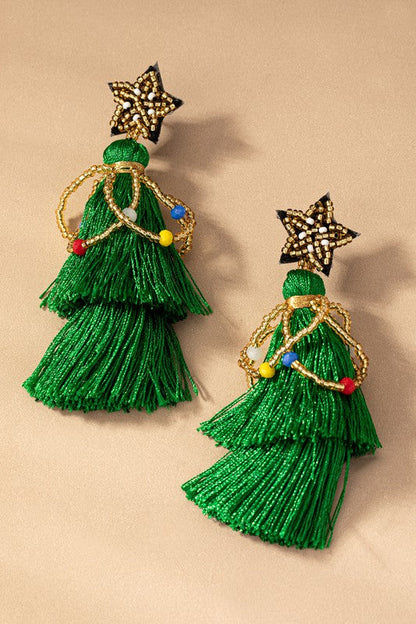 Christmas Tree Fringe Star Beaded Earrings