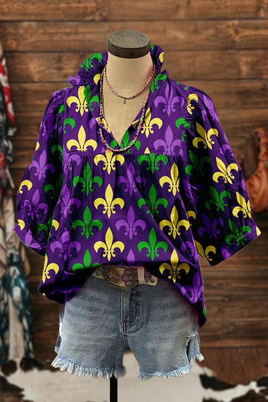 Cute Mardi Gras Puff Sleeve Blouse