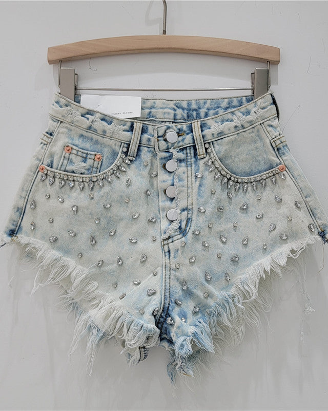 Rhinestone Beaded Fringed 3-Quarter Denim Shorts