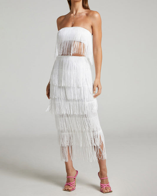 One-Shoulder Tube Top Two-Piece Fringed Skirt Set