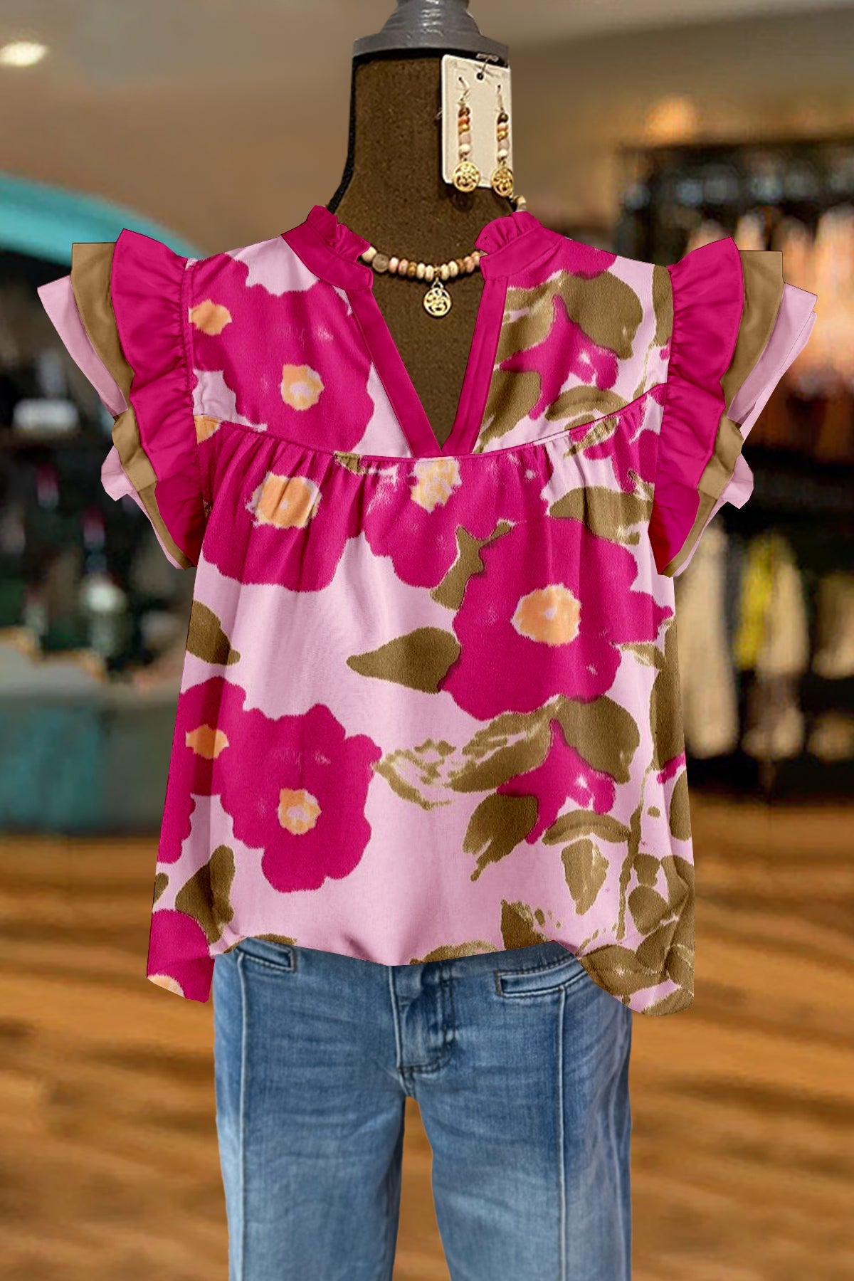 Sweet Floral Print V-Neck Fly Sleeve Blouse